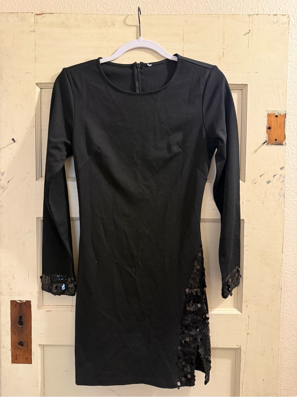 Black Sequin Side Slit Long Sleeve Bodycon Mini Dress Size Small